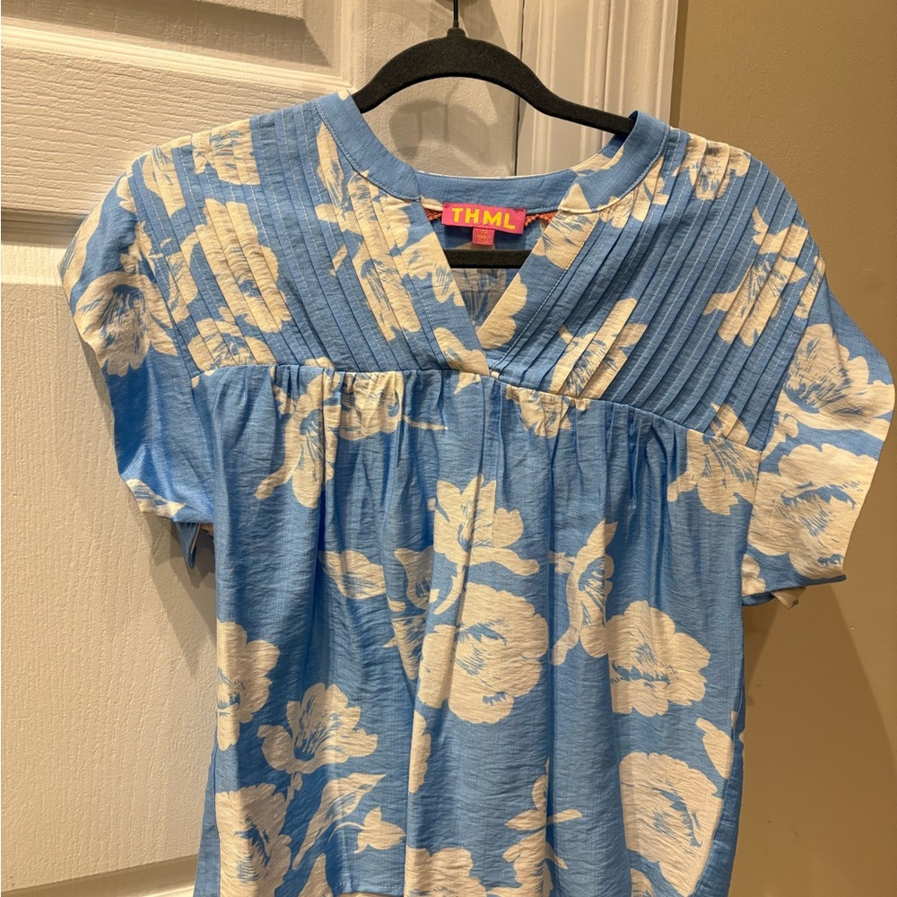 THML Sky Blue and Cream Floral Blouse